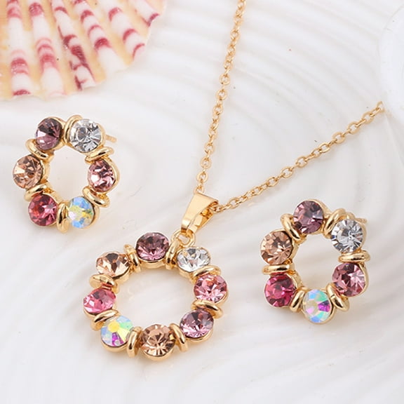 Naierhg Necklace Colorful Rhinestone Round Women Pendant Necklace Earrings Set for Party