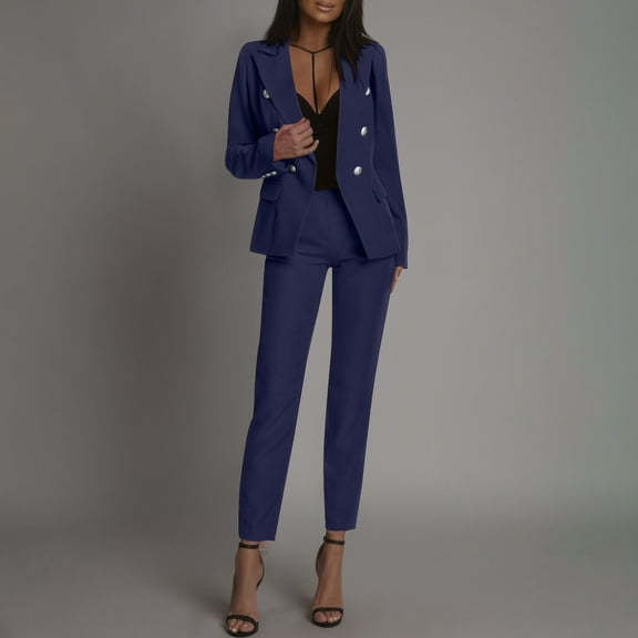 Tauxra Women's Solid Color Double Breasted Suit,Professional Blazer and Pants Set