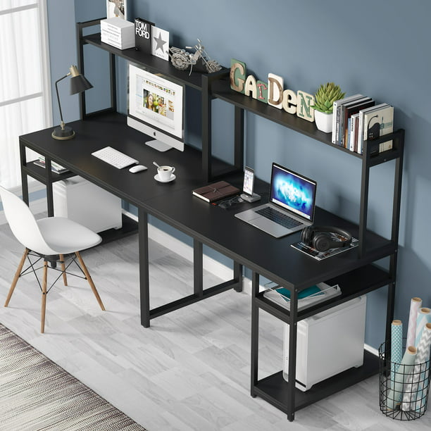 Computer Desk Double Workstation, Double Desk Home Office With Hutch