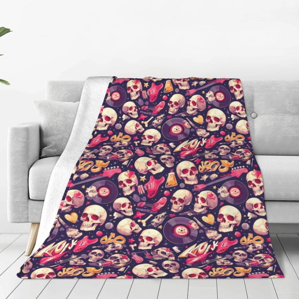 Fotbe music Skull record Guitar Manta de Franela Acolchonada con Estampado, Súper Suave y Esponjosa, Extra Grande para Sofá, Cama, Uso Todo el Año-40"x30"