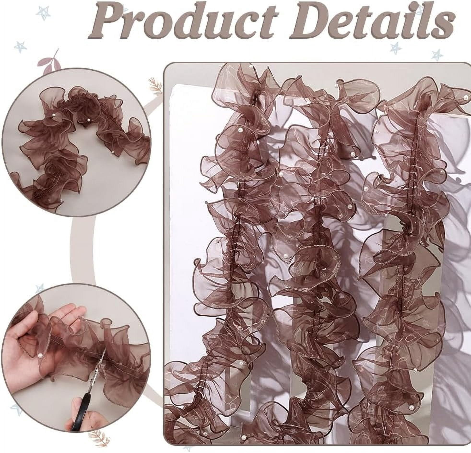 1set 5 Yards Pleated Organza Pleated Lace Ribbon Ruffled Ribbon with Plastic Beads Garment Accessories Coffee 4-7/8 inch(125mm)