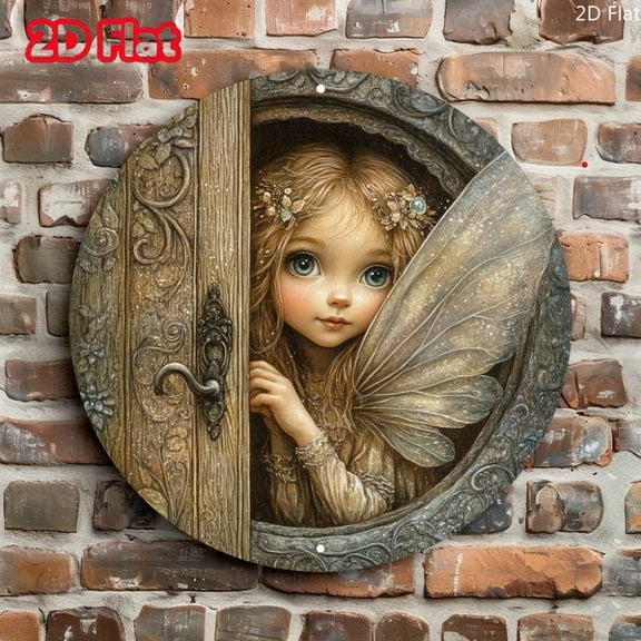 HELLOYOUNG 2D Enchanted Fairy Door Wall Art - Metal Peeking Fairy with Vibrant Eyes for Home & Garden Decor