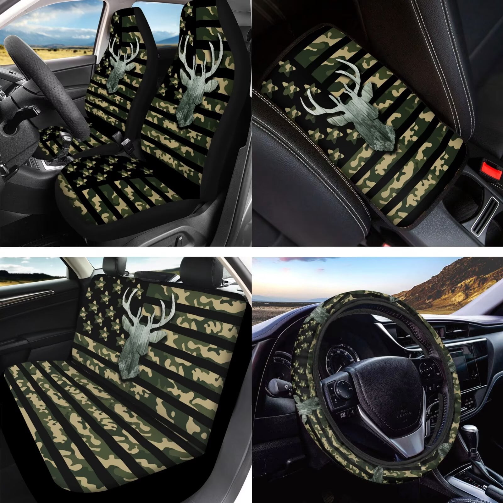 LedBack Camo Deer Printed Car Seat Cover Full Set with Steering Wheel Covers Non Slip Auto Seat Belt Cover Waterproof Lipstick Holder Keychain Headrest Covers Car Accessories, 15 Pack