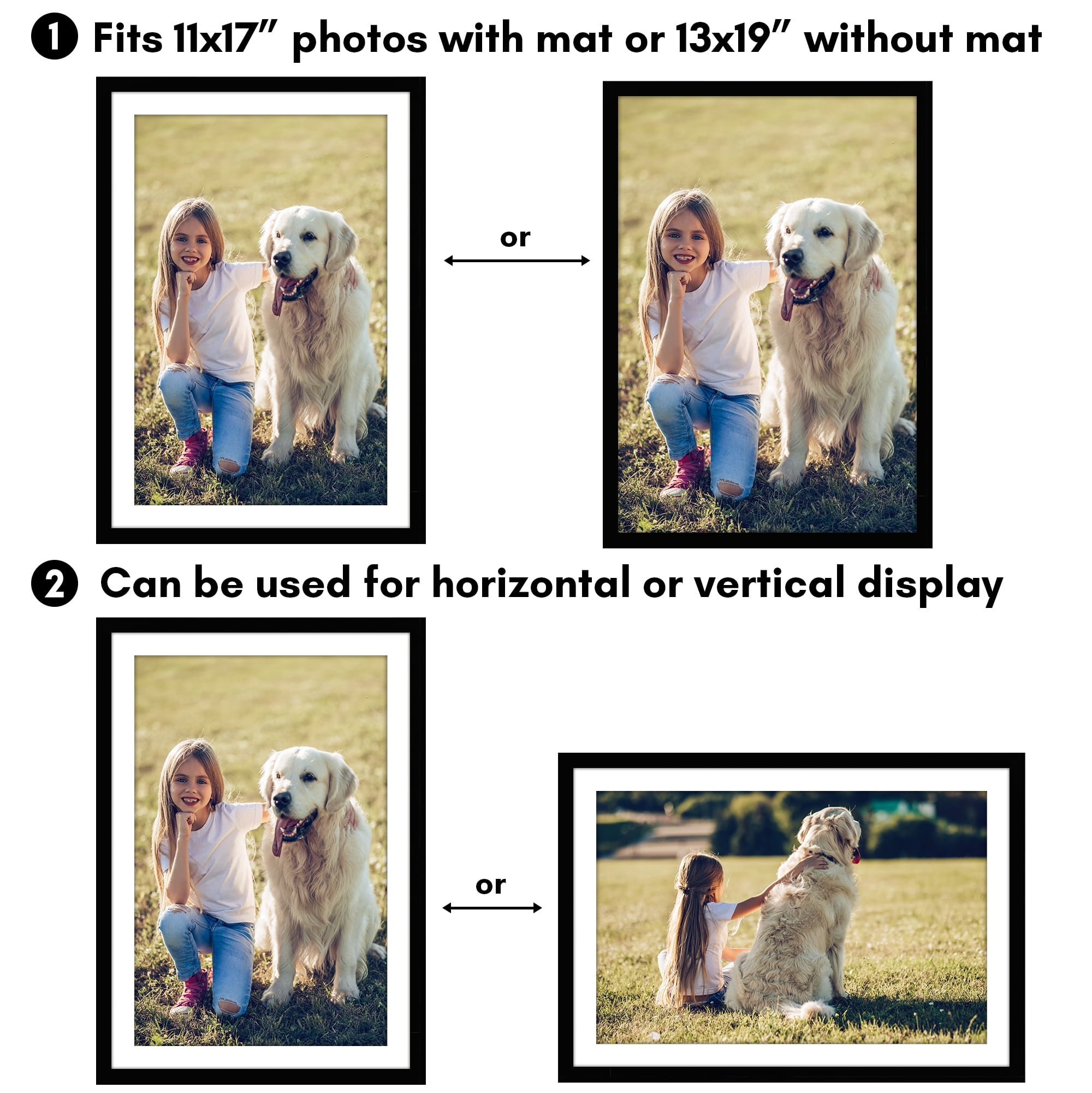 Americanflat 13x19 Picture Frame with Polished Plexiglass with 11x17 Mat 2 Pack Display Photo Galleria - Black
