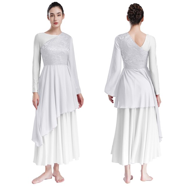 TiaoBug Robe Tunique en Dentelle Florale pour Femmes, Manches Évasées, Ourlet Asymétrique, Ivoire TG