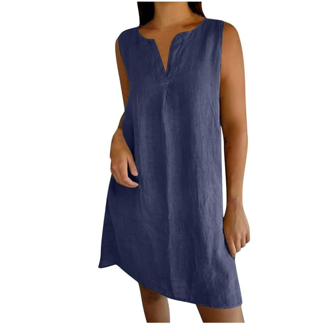Cinvoph Robe d'Été pour Femmes Col en V Sans Manches Robes Unies Décontractées Amples Vacances Plage Robe Midi