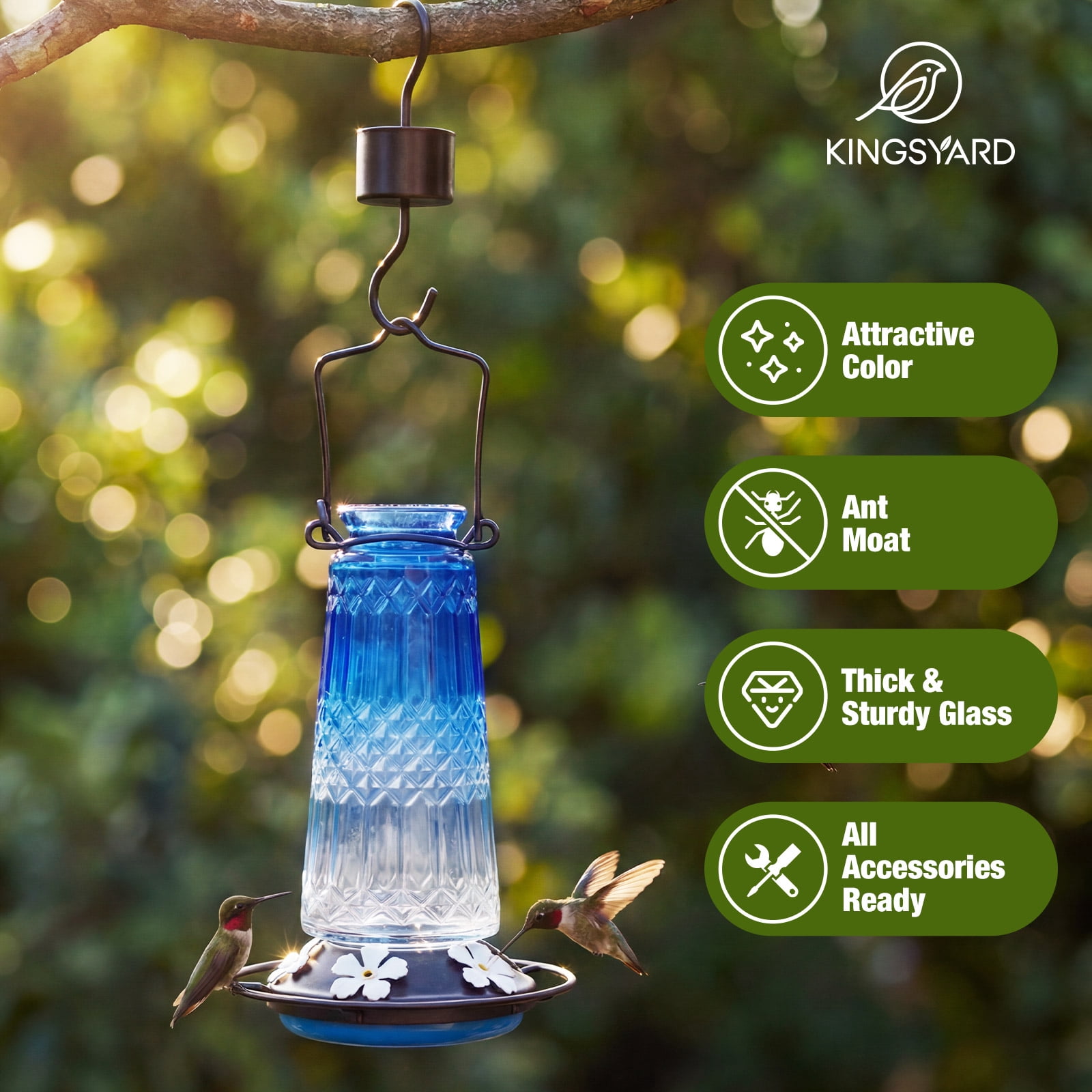 Kingsyard 18.6 oz Blue Glass Hummingbird Feeder, 5 White Ports, Ant Moat Included
