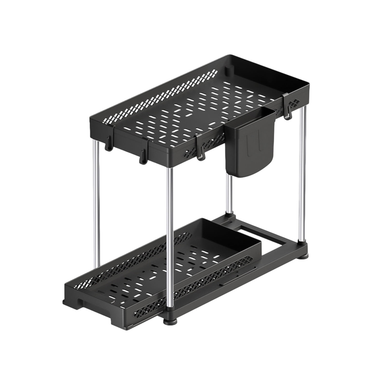 UUHYTG Pull Out Under Sink Storage Shelf Organizer Rack, Multi Functional Layered Spice and Bathroom Shelf with Hanging Hooks, Ventilated and Drainage Kitchen Cabinet Storage Solution