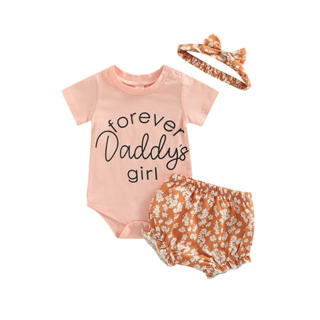 

Newborn Girl 3Pcs Outfits Short Sleeve Letter Print Round Neck Romper + Floral Print Ruffled Shorts + Decorative Hairband