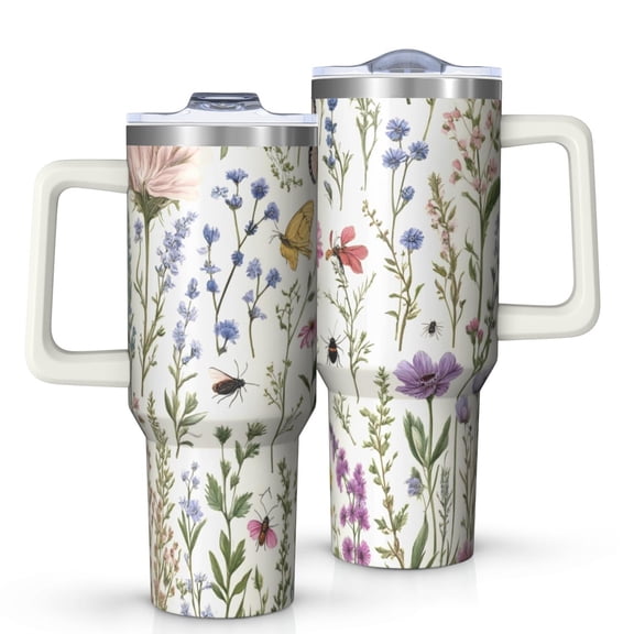 OBREWU Pioneer Flower and Butterfly Tumbler with Handle and Lid,Pioneer Flower and Butterfly 40oz Double Wall Vacuum Insulated Tumbler,Cups Gift for Women and Men