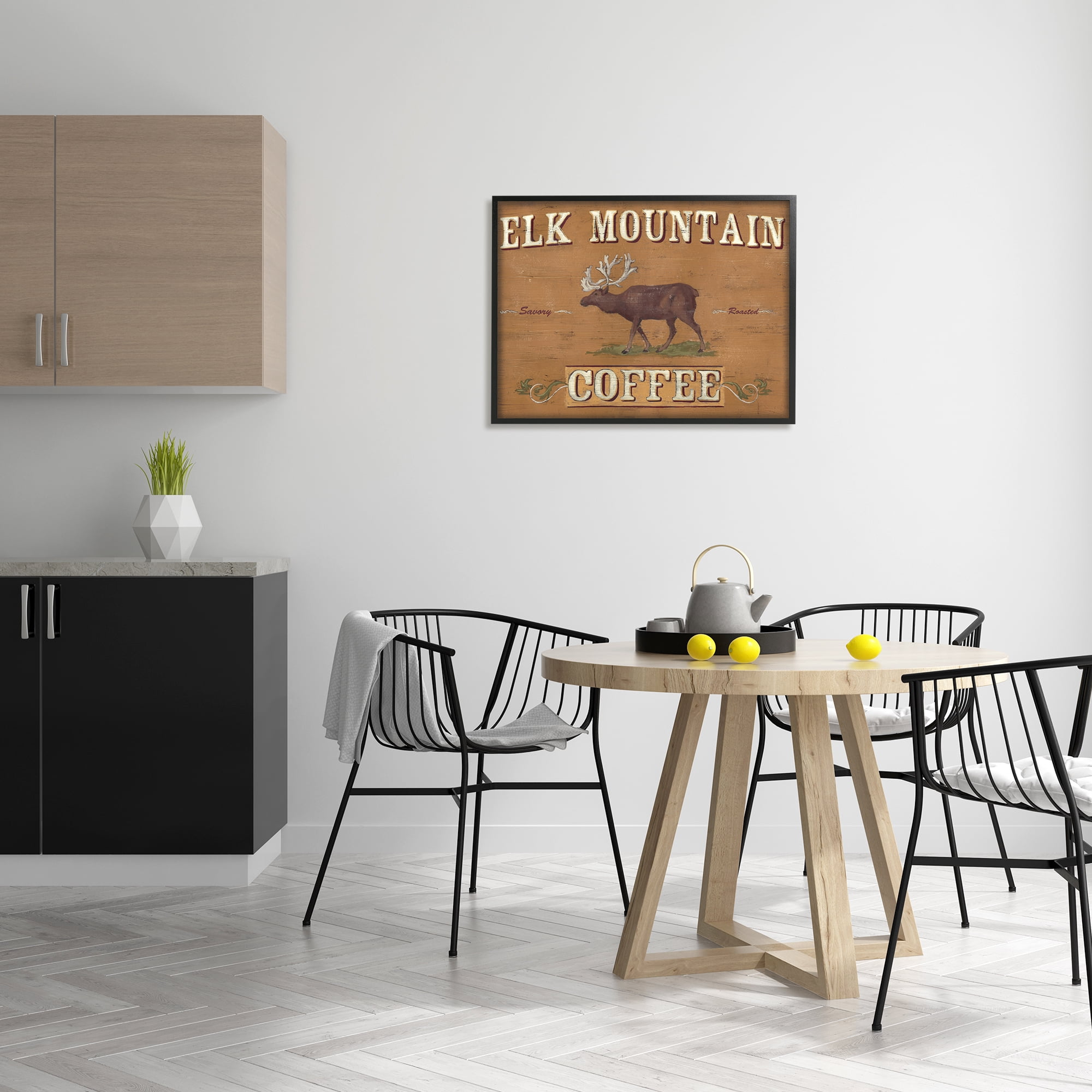 Stupell Industries Antique Elk Mountain Coffee Kitchen Sign Rustic Animal Food & Beverage Painting Black Framed Art Print Wall Art, 24 x 30