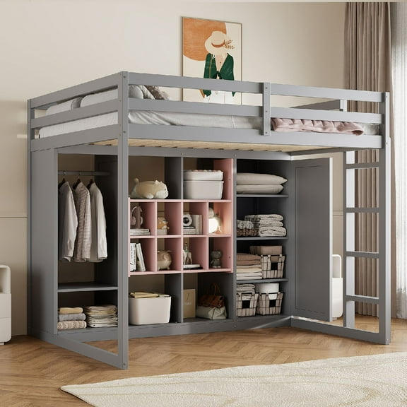 Full Size Loft Bed Frame with Wardrobe, Wooden Loft Bed with shelves and Cabinet, Modern Bedroom Bed Frame with Safety Guard Rails and Ladder, Easy Assembly, Mattress Not Included, Gray   Pink