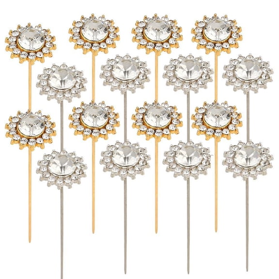 1 Box 16Pcs Rhinestone Boutonniere Pins Flower Diamond Pins 2.2 Inch Gold Silver Gems Shine Head Straight Alloy Corsage Bouquet Brooches