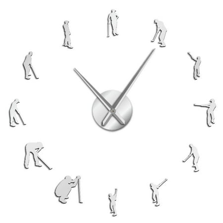 Golfers Pose Silouette Frameless Wall Clock Stickers, DIY Modern Decorative Clocks for Living Room, Bedroom, Office - Easy to Install, Large 3D Clock Design (Silver,37in)