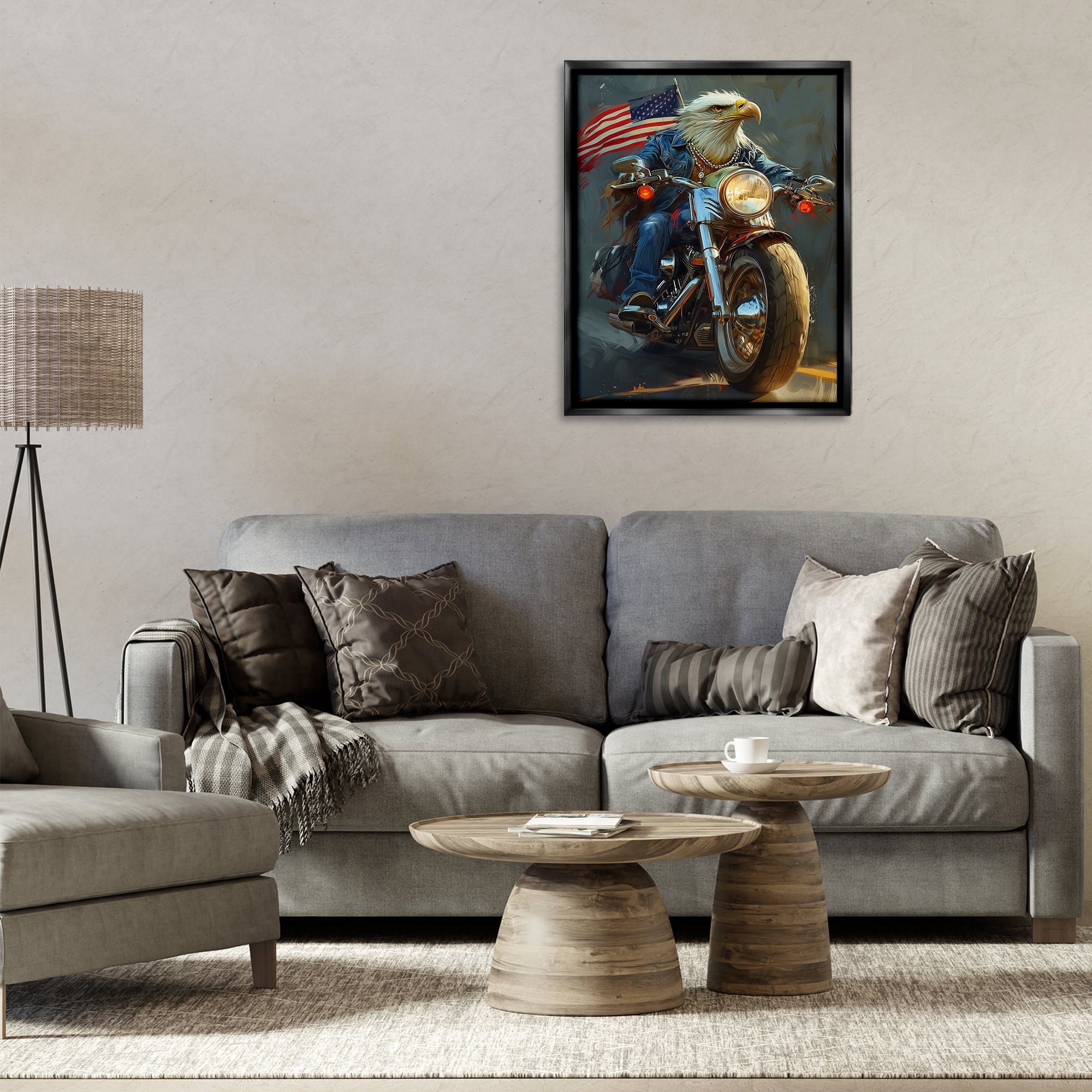 Stupell Industries Patriotic Eagle Motorcycle Transportation Painting Black Floater Framed Canvas Art Print Wall Art, 25 x 31