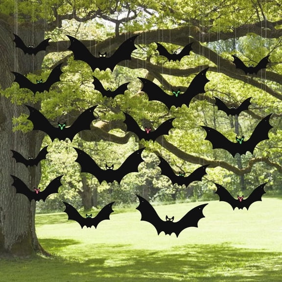 BESTSKY 18 Pcs Hanging Bats Halloween Decorations Outdoor,Large Flying Plastic Bats with Cute Eye Stickers,3 Sizes Bat Party Decor for Tree Porch Yard Lawn