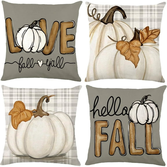 Fall Pumpkin Throw Pillow Covers 18x18 Set of 4, Maple Leaves Love Autumn Thanksgiving Harvest Decorative Pillows Outdoor Farmhouse Seasonal Cushion Case for Home Sofa Couch Decor