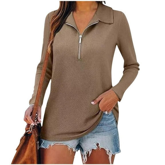 Ahdbta Women's Long Sleeve Shirts Quarter Zip Pullover Collared V Neck Tops Lightweight Fall Dressy Casual Work Blouses