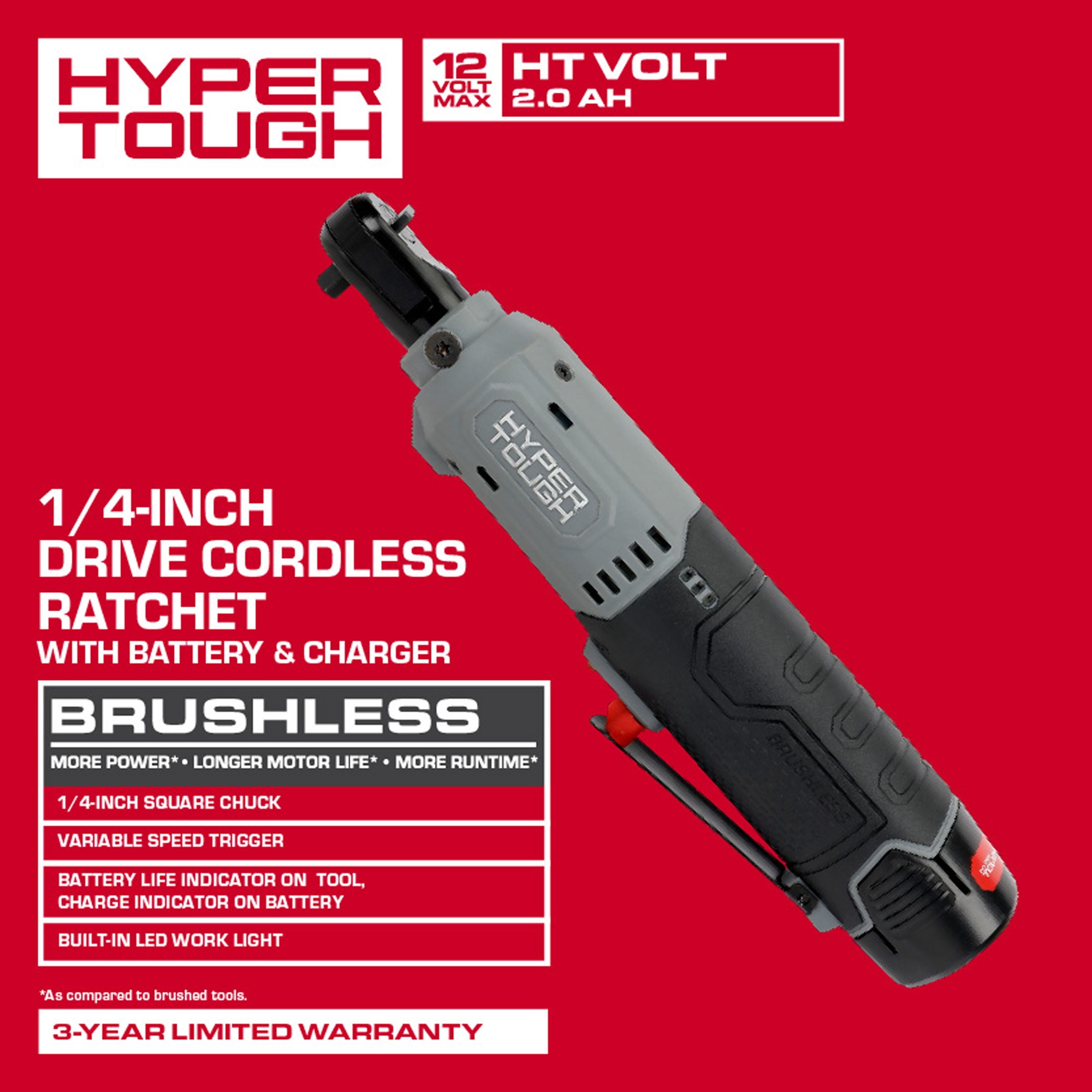Hyper Tough 12V Brushless 1/4-inch Cordless Ratchet with 2.0Ah Battery