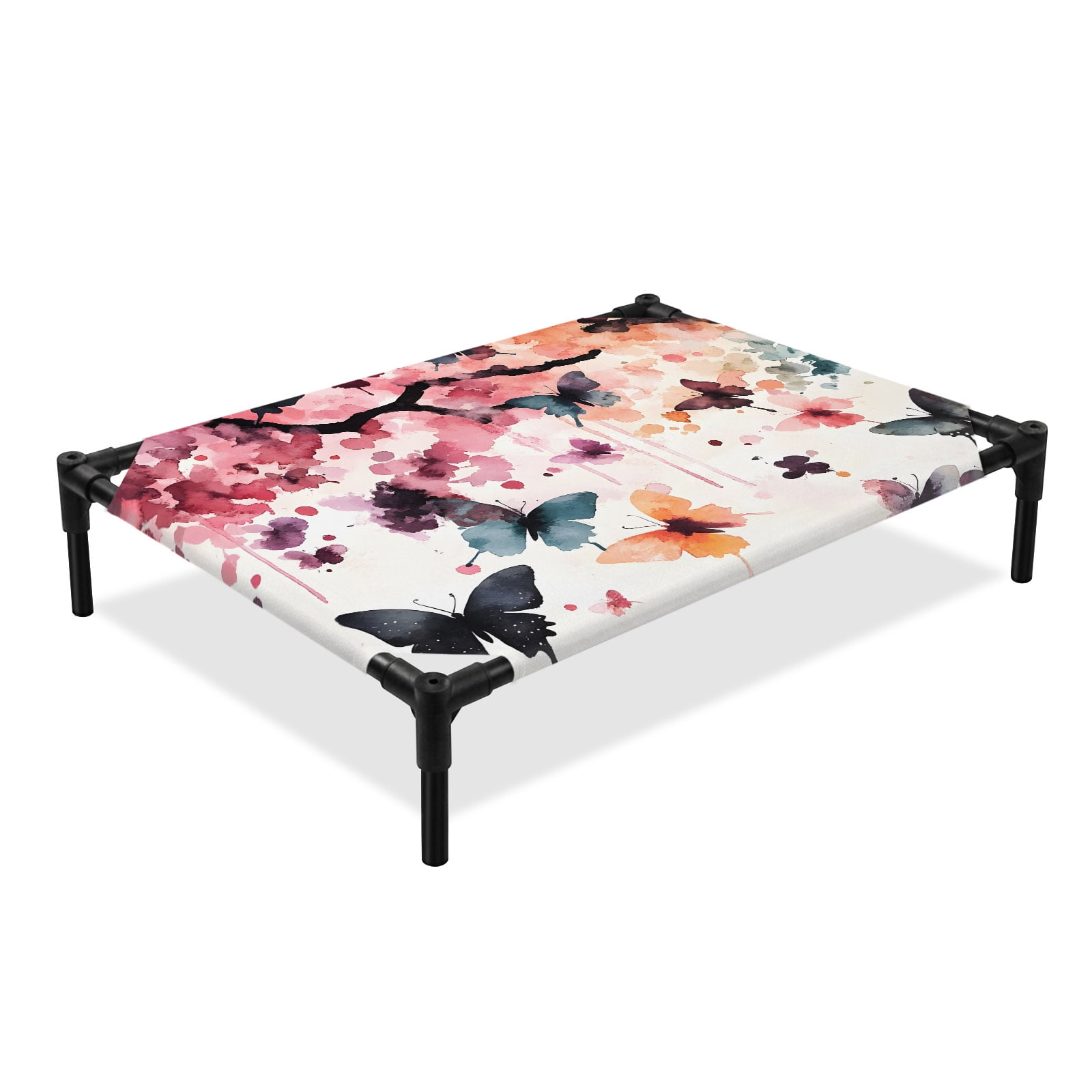 Spring Floral Elevated Dog Bed Vintage Watercolor Pink Orange Black Blue Butterfly Rustic Cooling Breathable Outdoor Raised Dog Cot Bed with Metal Frame Non-Slip Feet for Large Dog 28x22in