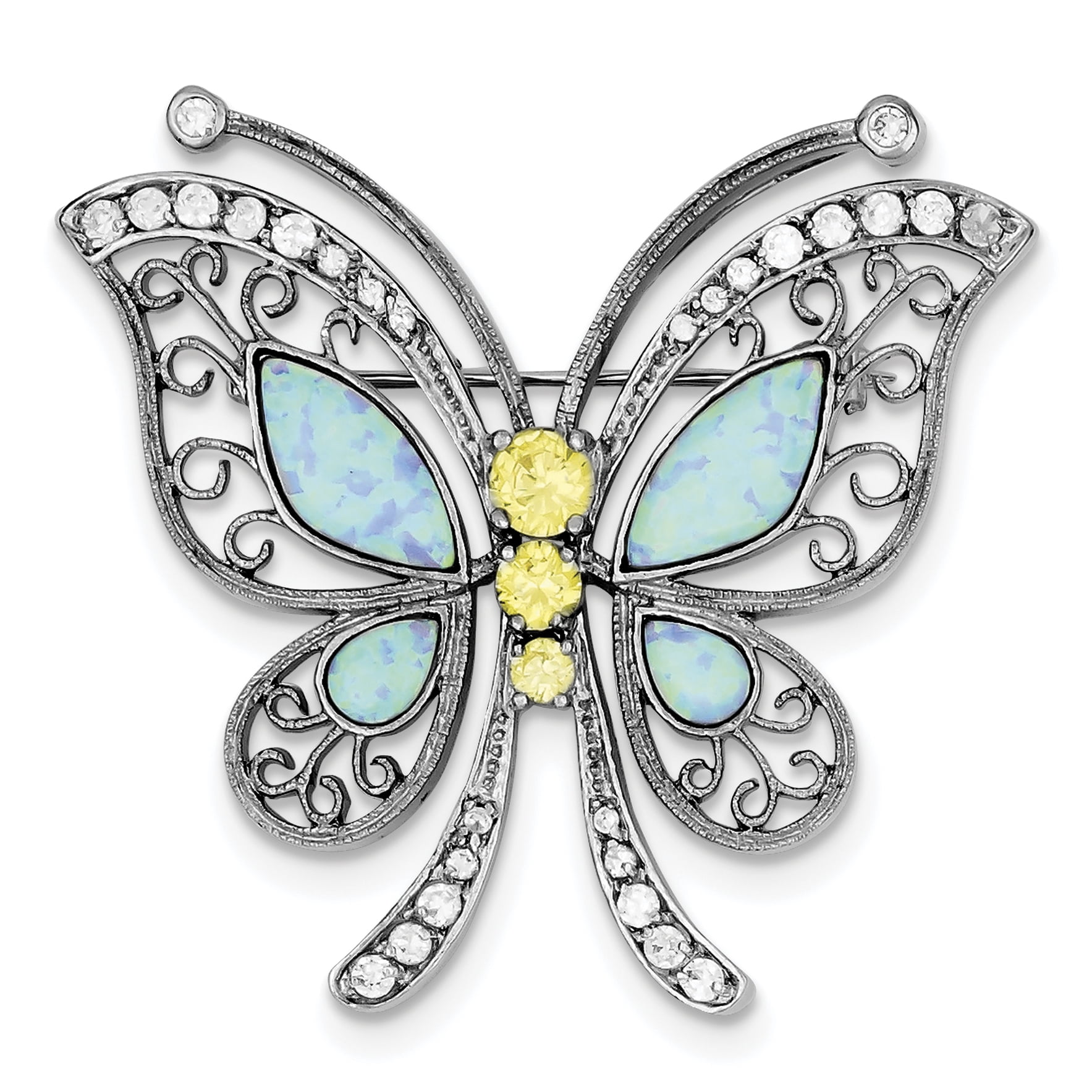 1.77 in x 1.81 in Sterling Silver Blue Opal with Yellow and Clear CZ Butterfly Pin 