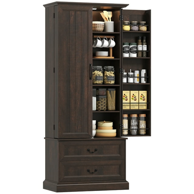 HOMCOM Armoire de Garde-Manger de Cuisine 72 Pouces, avec Lumière DEL et Tablettes de Porte, Brun