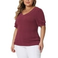 thumbnail image 4 of Agnes Orinda Plus Size Tops for Women V Neck Short Sleeve Pullover Knitted Casual Blouses 1X Burgundy, 4 of 5