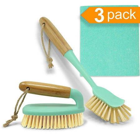 Scrub Brush Dish Scrubber 3 Pack Cleaning Set - Long Handle Kitchen or Bathroom Scraper, Bottle Brush & Swedish