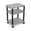 Luxor 18" x 24" x 34" Tuffy Three Shelf Flat Utility Cart With Staggered Shelf Height And Electrical - Gray With Black Legs