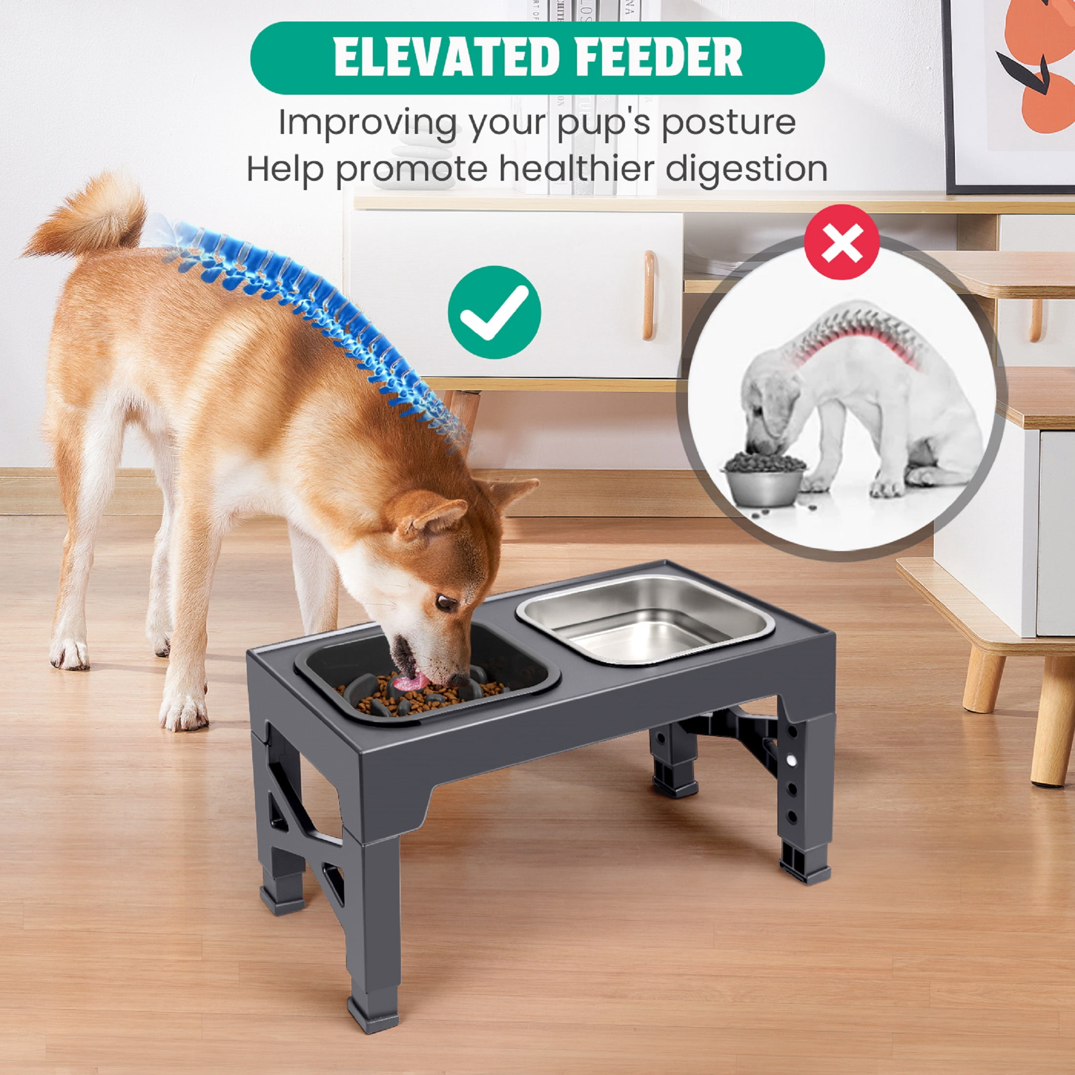 Elevated Dog Bowls with 2 Stainless Steel Dog Bowls, Raised Dog Bowl Adjusts to 5 Heights for Small Medium and Large Dogs,Gray