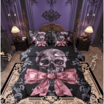 Manfei Western Skeleton Skull Bedding Comforter Set 7pcs, Vintage Princess Bowknot Queen Bedding Sets, Gothic Romantic Style Reversible Queen Sheet Sets, Luxury Bedroom Decor