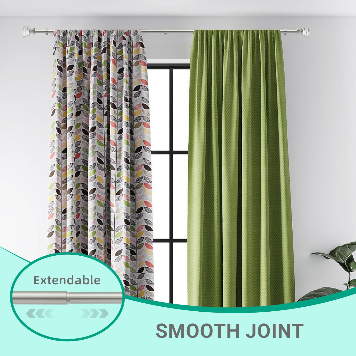 Curtain Rods 30-55" Champagne Adjustable drapery rod with 60mm clear square finials and 3 piece wall brackets.