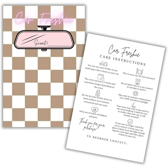 Car Freshie Insert Cards  50 pk 4x6 Checkered Tan and White fits in 5x7 for Holographic Bags Freshie Scent Label Care Instruction Cardstock