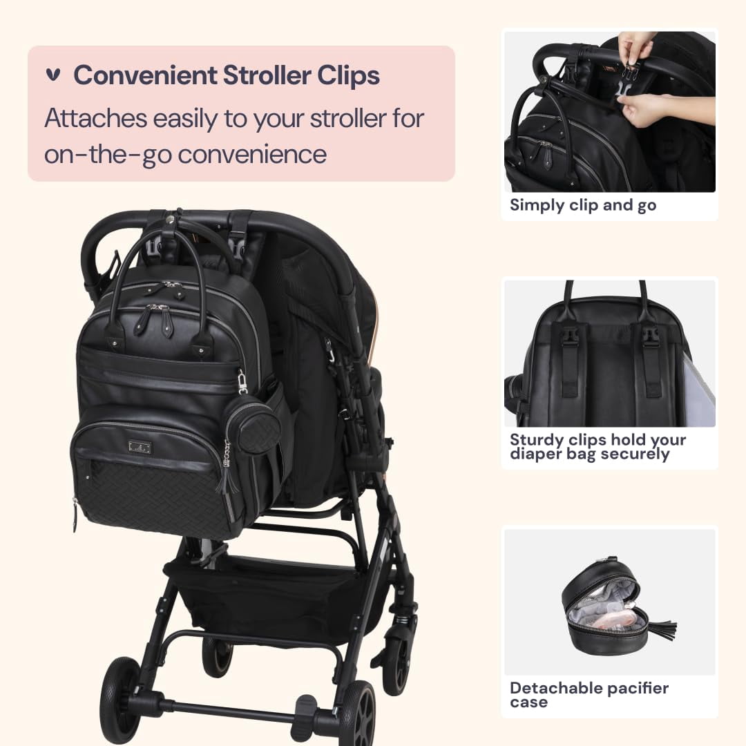 BabbleRoo Diaper Bag Backpack, Multifunction Original Baby Diaper Bag with Insulated Pockets, Vegan leather, Black