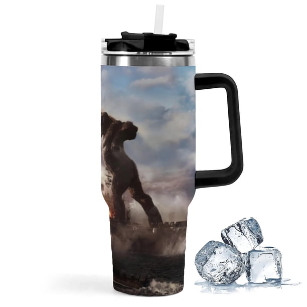 GODZILLA Vaso aislado de acero inoxidable con asa, diseño temático, regalo para familia, amigos y fans; incluye pajita y encaja en el portavasos estándar, 40 oz