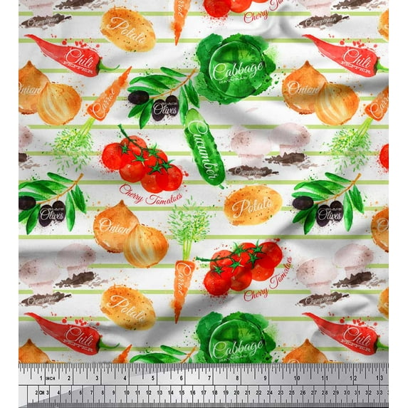Soimoi White Viscose Chiffon Fabric Stripe & Mixed Veggies Vegetable Printed Fabric 1 Yard 42 Inch Wide