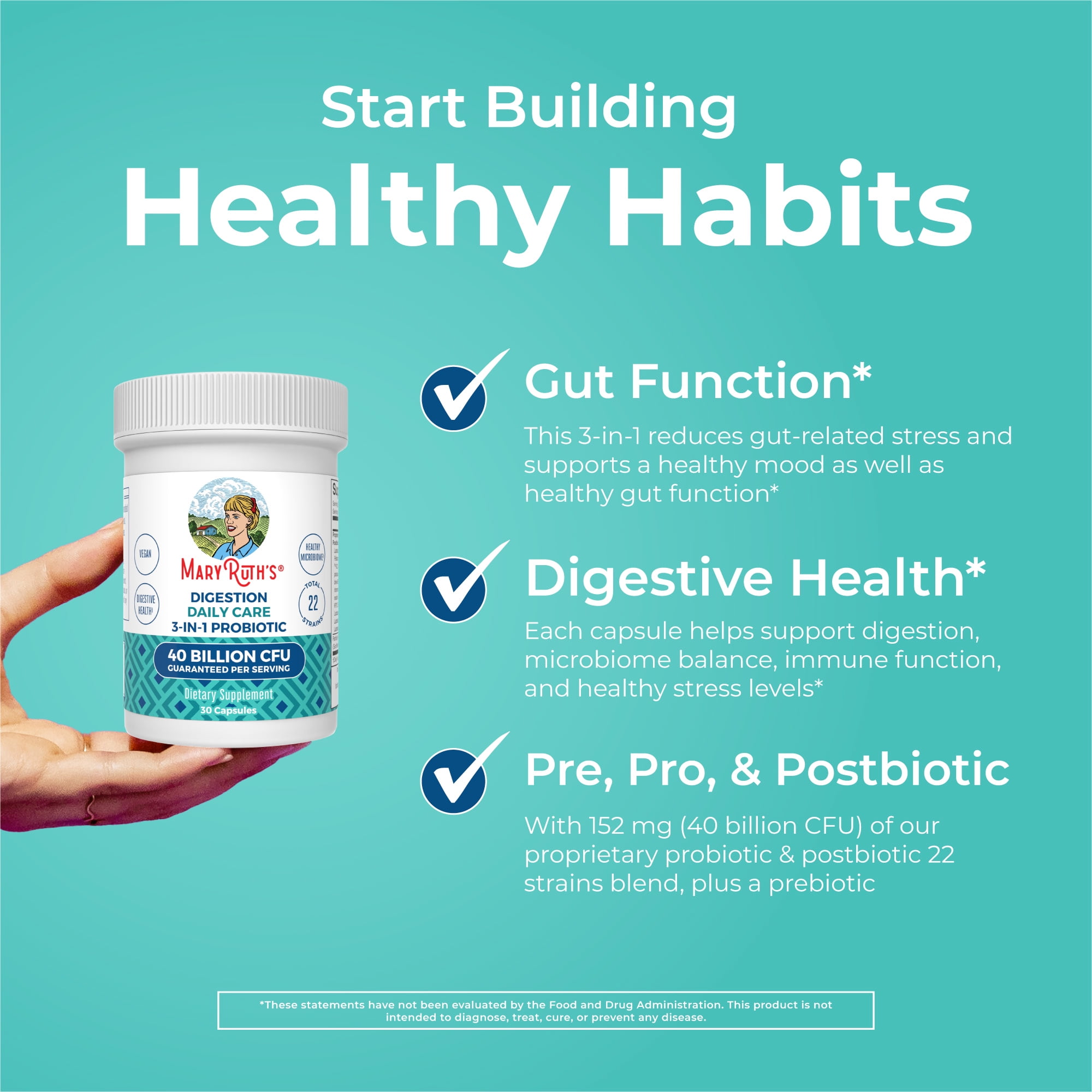 MaryRuth Organics 3-in-1 Daily Care Digestion Probiotic Supplement, 30 Capsules, Adult