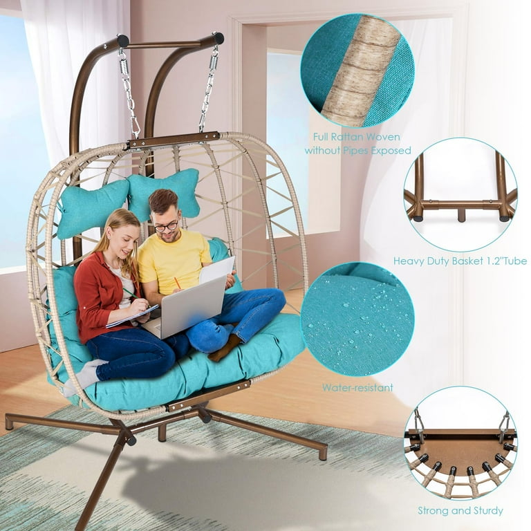 NICESOUL Oversized 2 Person Swing Egg Chair Double Hanging Egg Chair with Stand Extra Large Wicker Patio Twins Egg Basket Chair for Two 510lbs