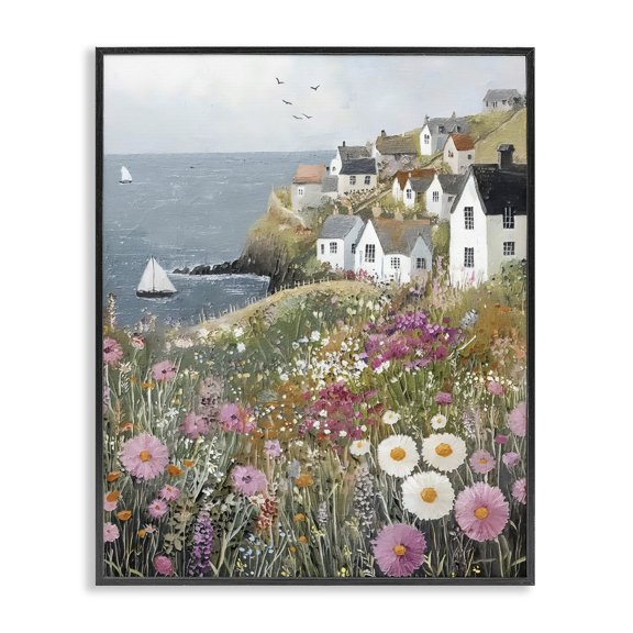 Stupell Industries Pink Meadow Overlooking Sailboats Black Framed Giclee Art, design by Riley B
