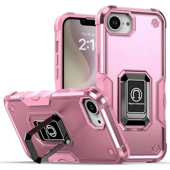 Military Grade Shockproof Hybrid Armor Case with Ring Grip for iPhone 16e - Pink