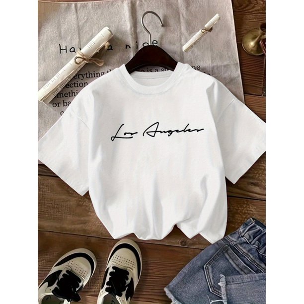 LOS ANGELES Girls' Summer Casual T-Shirt - Breathable Knit, Crew Neck, Short Sleeve Top with Letter Print