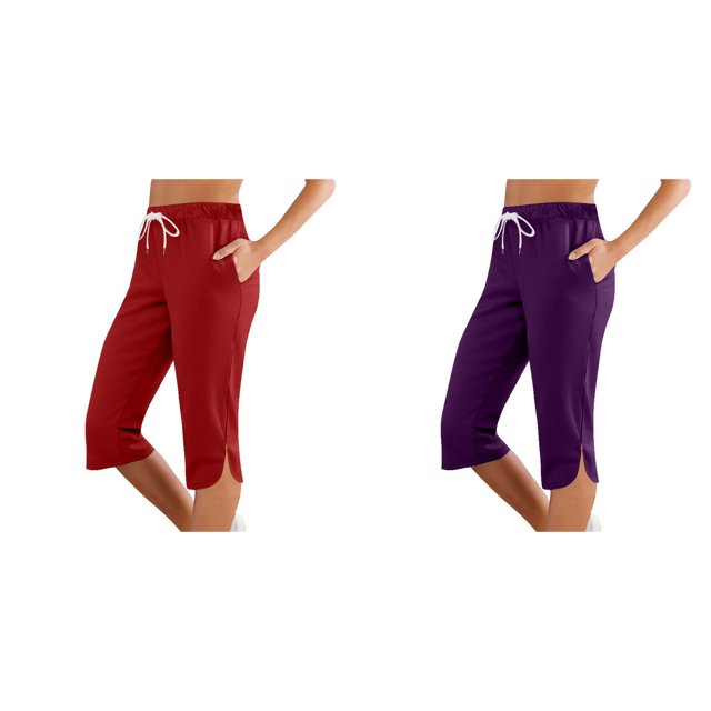 (2-Pack) Rinsvye Women'S Slim Fit Capris Pure Color Mid-Length Trousers Stretchy Work Pants Comfortable -Pants Casual Wear