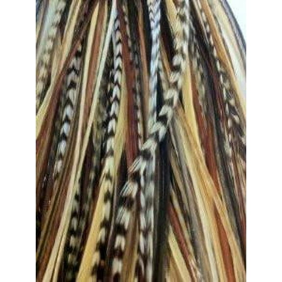 Feather Hair Extension 4-7 Natural Dark Browns with Beige Feathers for Hair Extension Includes 2 Silicone Micro Beads 5 Feathers Bonded Together