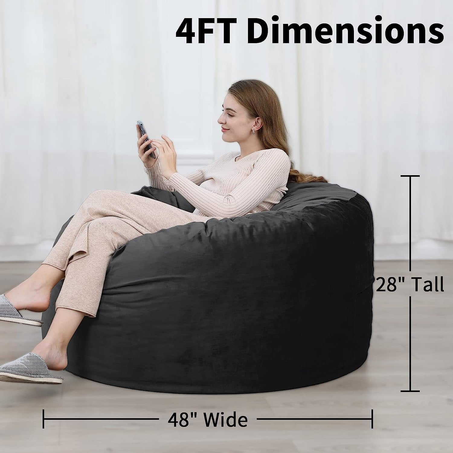 4 ft Bean Bag Chair, Memory Foam Bean Bag Chairs with Filling for Adults, Teens and Kids, Plush Lazy Sofa with Soft Velvet Cover for Living Room, Black