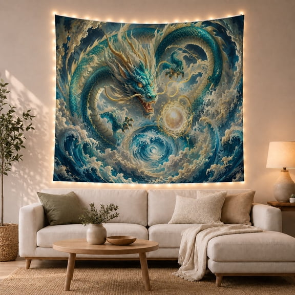 Blue Chinese Dragon in Crashing Waves, Mystical Fantasy Art for Dragon Lovers, Mythical Wall Decor, Housewarming Gift Tapestry Wall Hanging for Living Room, Bedroom and Dorm
