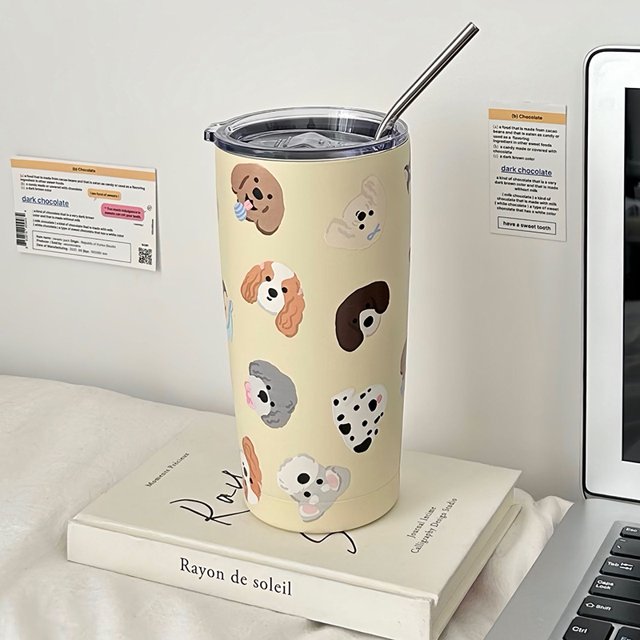Taza térmica de 550 ml con diseño de cachorro de dibujos animados, taza de aislamiento de café de acero inoxidable 304, taza de agua fría portátil para viajes al aire libre
