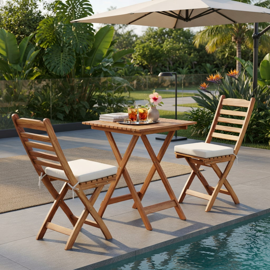 Hommoo Acacia Wood Folding Chair and Table Set with Cushions, 2 Chairs + 1 Table, Outdoor Patio Furniture for Backyard, Balcony & Poolside, White