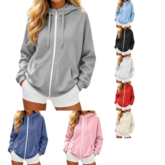 Women Zip Up Hoodie Oversized Long Sleeve Sweatshirt, Lightweight Solid Color Hooded Jacket With Pockets for Spring Fall Everyday Workout (Grey/L)
