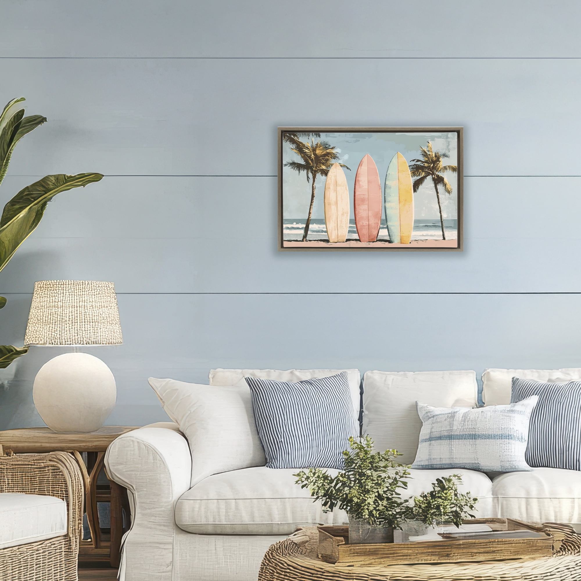 Stupell Industries Paradise Surfboard Trio Brown Framed Floater Canvas Wall Art, design by Petal Prints Design