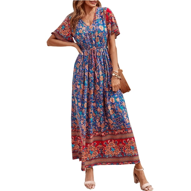 Vestido Maxi Bohemio Floral Azul Talle S para Mujer PRETTYGARDEN